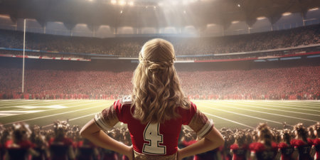 Rear view of female cheerleader looking away against large football stadium with AI generated.の素材