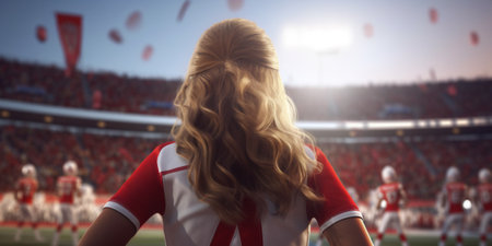 Rear view of female cheerleader looking away against large football stadium with AI generated.の素材