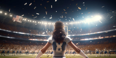 Rear view of female cheerleader looking away against large football stadium with AI generated.の素材