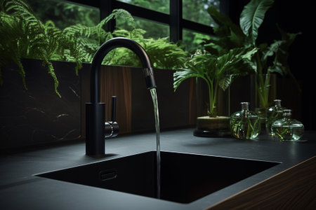 The black wash basin in the kitchen with AI generated.の素材