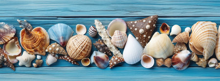 Seashells on wooden background. Top view with AI generated.の素材