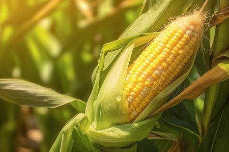 Young corn on the cob in the field with AI generated.の素材
