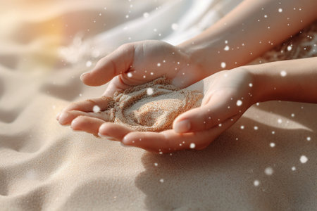 Closeup image of female hands touching sand with AI generated.の素材