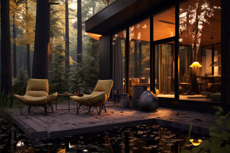 Modern cozy chalet in the forest with AI generated.の素材