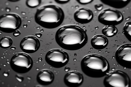 Water drops on a black background with AI generated.の素材