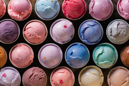 Colorful ice cream scoops of different colors and flavors on a blue backgroundの素材