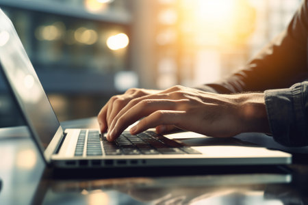 Close up of businessman hands typing on laptop keyboard in office with AI generated.の素材
