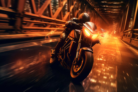 Motorcycle rider on a motorcycle on the road with AI generated.の素材
