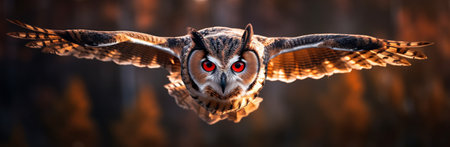 Beautiful owl flying in the autumn forest with AI generated.の素材