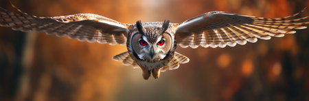 Beautiful owl flying in the autumn forest with AI generated.の素材