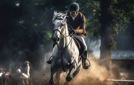 Horseman on horse jumping over obstacle with AI generated.の素材