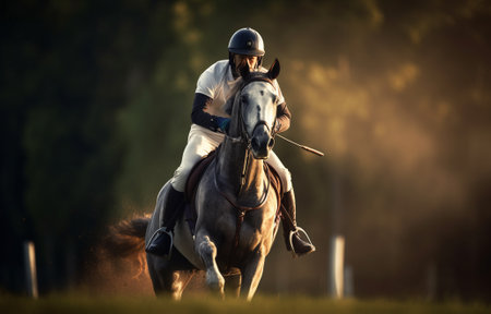 Horseman on horse jumping over obstacle with AI generated.の素材