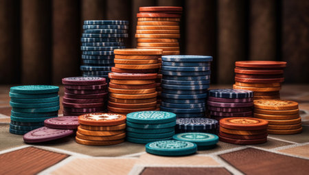 Poker chips on a table in a casino with AI generated.の素材