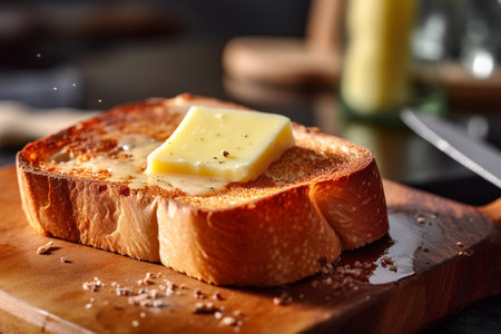 Slices of bread with butter on wooden board with AI generated.の素材