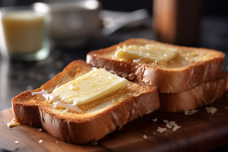 Slices of bread with butter on wooden board with AI generated.の素材