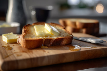 Slices of bread with butter on wooden board with AI generated.の素材