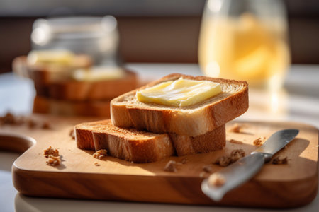Slices of bread with butter on wooden board with AI generated.の素材