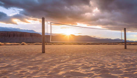 Volleyball net in the desert at sunset with AI generated.