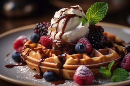 Waffles with ice cream with AI generated.の素材