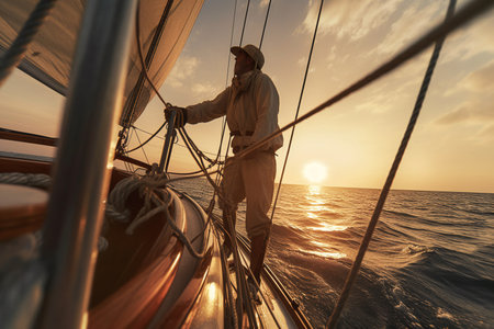 Rear view of man standingof sailing yacht during sunset with AI generated.の素材