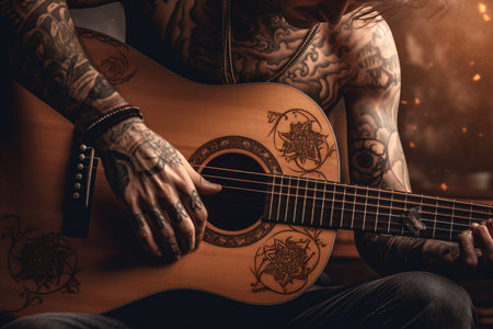 Man playing acoustic guitar with AI generated.の素材