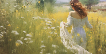 Young woman in white dress walking in the meadow with AI generated.の素材