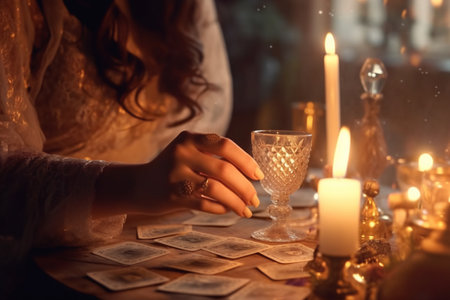 Woman fortune teller reading tarot cards with AI generated.の素材