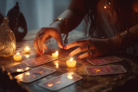 Woman fortune teller reading tarot cards with AI generated.の素材