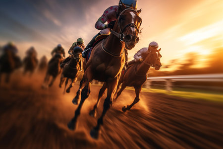 Horse race with jockeys at sunset with AI generated.の素材