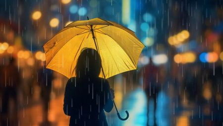Young woman with umbrella in rain at night with AI generated.の素材
