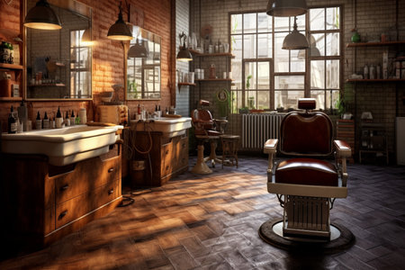 Vintage barber shop interior with chairs and tables with AI generated.の素材