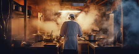 Chef in the kitchen of a restaurant with AI generated.の素材