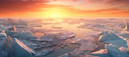 Icebergs in the ocean at sunset with AI generated.の素材