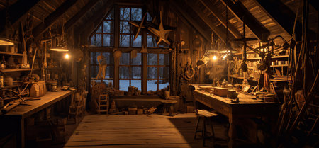Old workshop with tools and instruments vintage style with AI generated.の素材