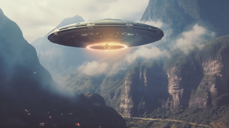 UFO flying over the mountain with AI generated.の素材