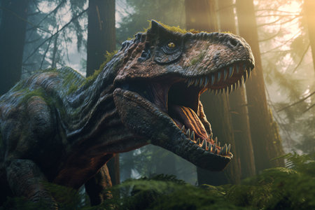 Dinosaur T-rex in the forest with AI generated.の素材