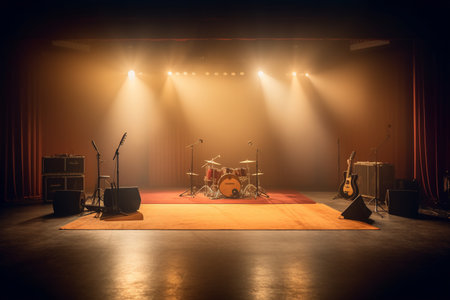 Live music concert on stage with spotlights and smoke with AI generated.の素材