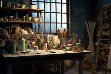 Workshop of artist with lots of tools and materials with AI generated.の素材