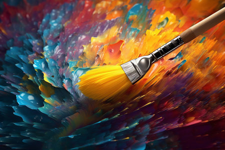 Paintbrush with paint splashes on colorful background with AI generated.の素材