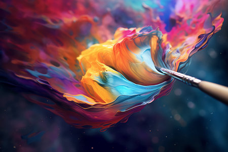 Paintbrush with paint splashes on colorful background with AI generated.の素材