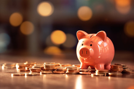 Piggy bank with coins on table, business and finance concept with AI generated.の素材