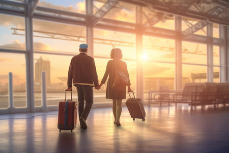 Back view of couple holding hands while walking with luggage in airport terminalの素材