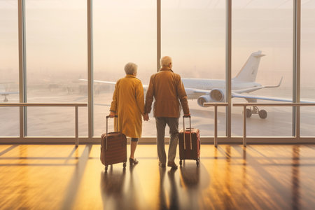 Back view of senior couple with luggage at the airport with AI generated.の素材