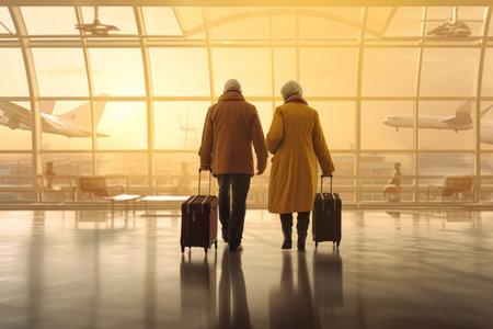 Back view of senior couple with luggage at the airport with AI generated.の素材