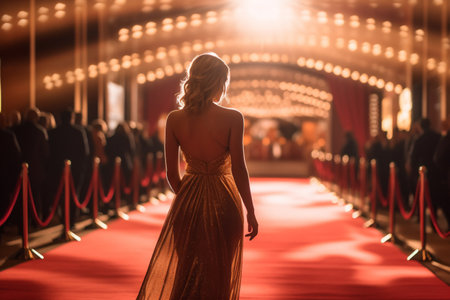 Rear view of beautiful blonde woman in evening dress on red carpet with AI generated.の素材