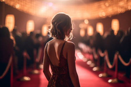 Rear view of beautiful blonde woman in evening dress on red carpet with AI generated.の素材