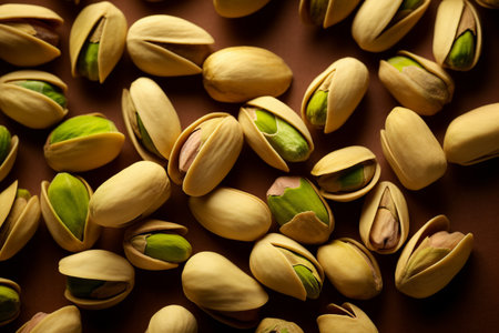 Pistachio nuts on wooden background. Healthy food concept with AI generated.の素材
