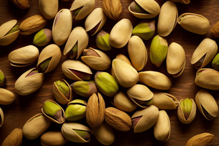 Pistachio nuts on wooden background. Healthy food concept with AI generated.の素材