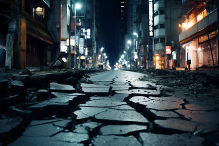 Broken asphalt road in the city with AI generated.の素材