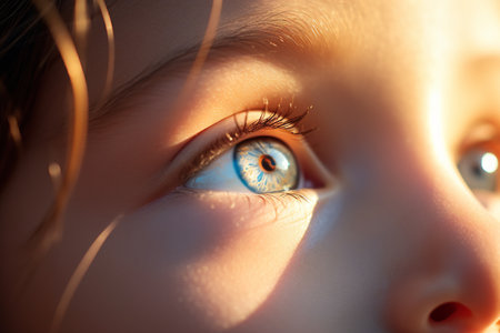 Close up focus on the eye of a child looking up under the sun with AI generatedの素材